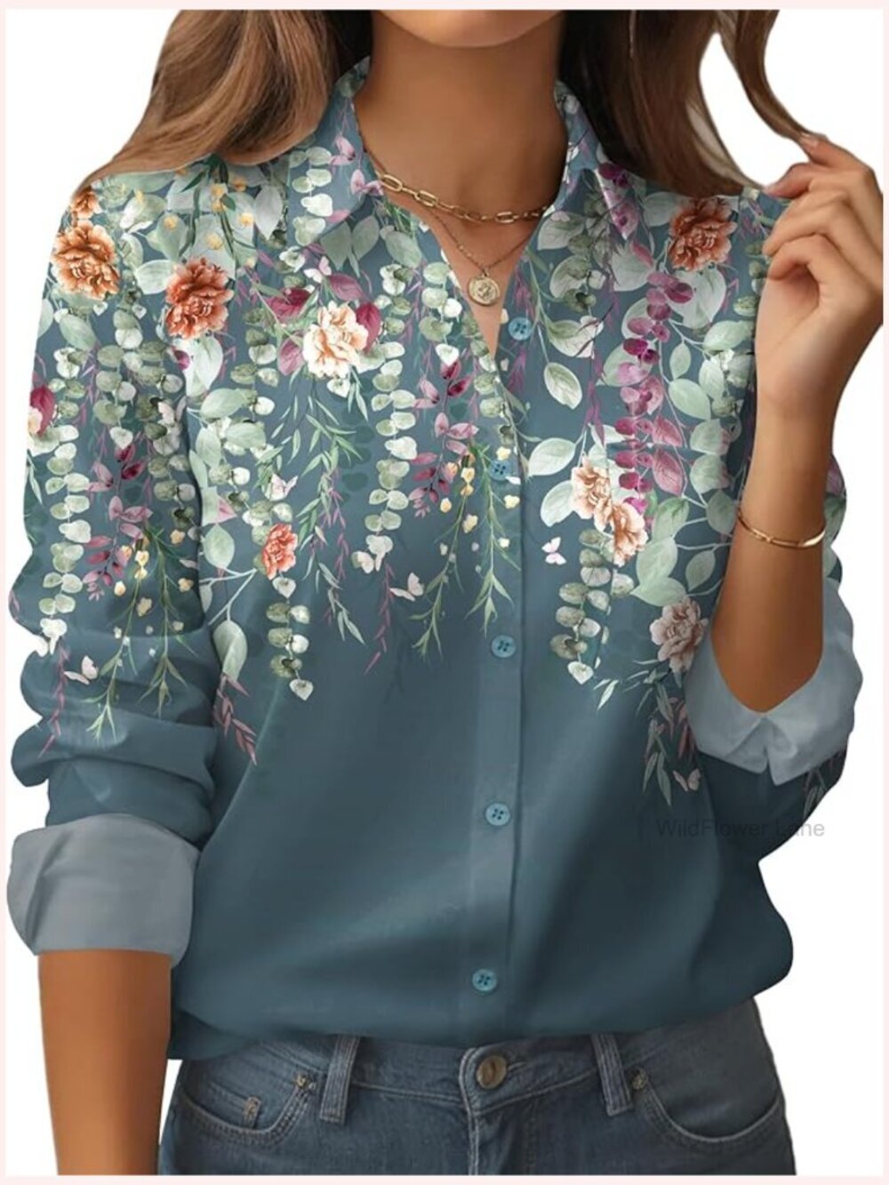 Floral Button Down Shirt Long Sleeve Blouse Business Casual Tops